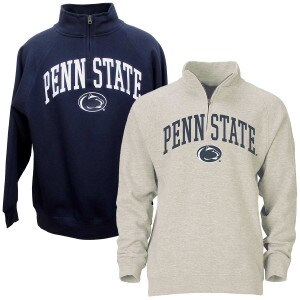navy and natural oatmeal 1/4 zip long sleeve sweatshirts with arched Penn State over Athletic Logo